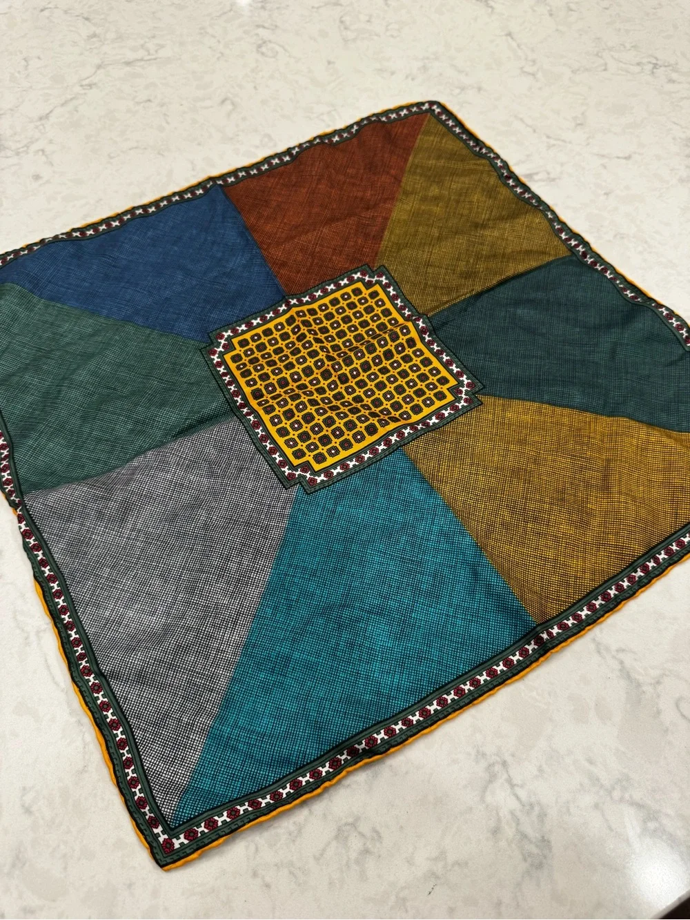 Vintage Italy 100% Silk Pocket Square Scarf Geometric Patchwork 16.5”